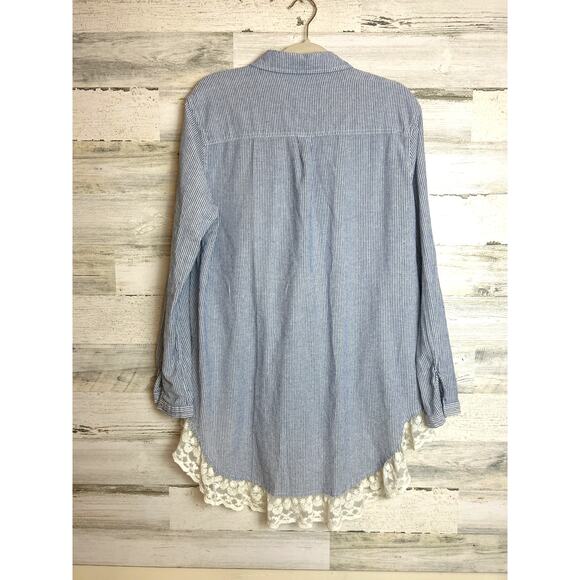 Umgee Women's 1XL plus blue whie stripe button down tunic top shirt lace long - Picture 2 of 6